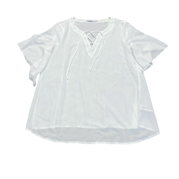 SIGNATURE COLLECTION white lace up front blouse - Picture 1 of 6